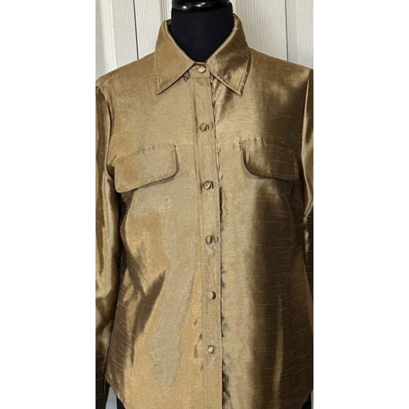 Women's Kasper Brand Metallic Gold Button-Down Blouse 100% Polyester Size PS - Picture 3 of 16